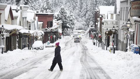 Snow lines the streets in Nevada City, California, on Monday.