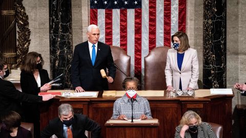 Pelosi and Vice President Mike Pence preside over the joint session of Congress that officially certified Biden's electoral win. "To those who wreaked havoc in our Capitol today, you did not win," Pence said. "As we reconvene in this chamber, the world will again witness the resilience and strength of our democracy, even in the wake of unprecedented violence and vandalism in this Capitol."