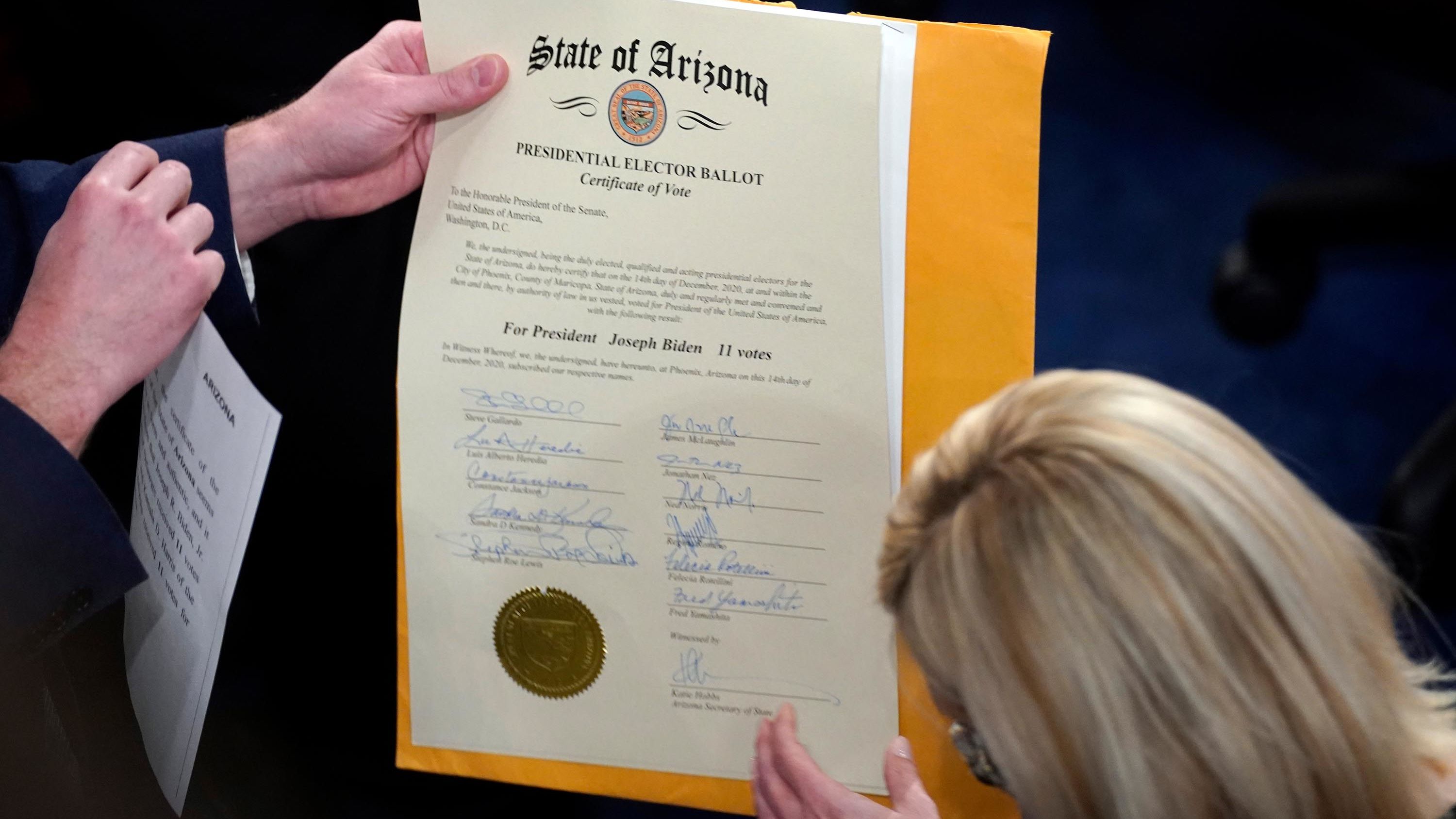 The certification of Arizona's Electoral College votes is unsealed during the joint session of Congress.