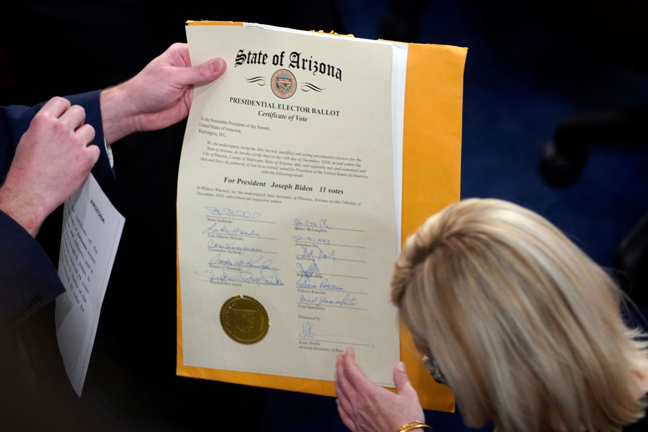 The certification of Arizona's Electoral College votes is unsealed during the joint session of Congress.