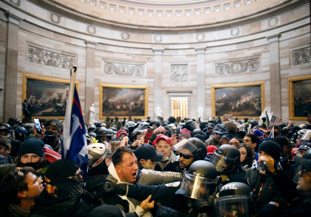 Police clash with pro-Trump rioters who had entered the Capitol. This was the first time the Capitol had been breached since the British attacked and burned the building in August 1814, during the War of 1812. It took several hours for the Capitol to be secured.