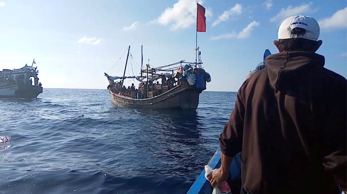 A boat of Rohingya refugees off the coast of Indonesia on December 27.