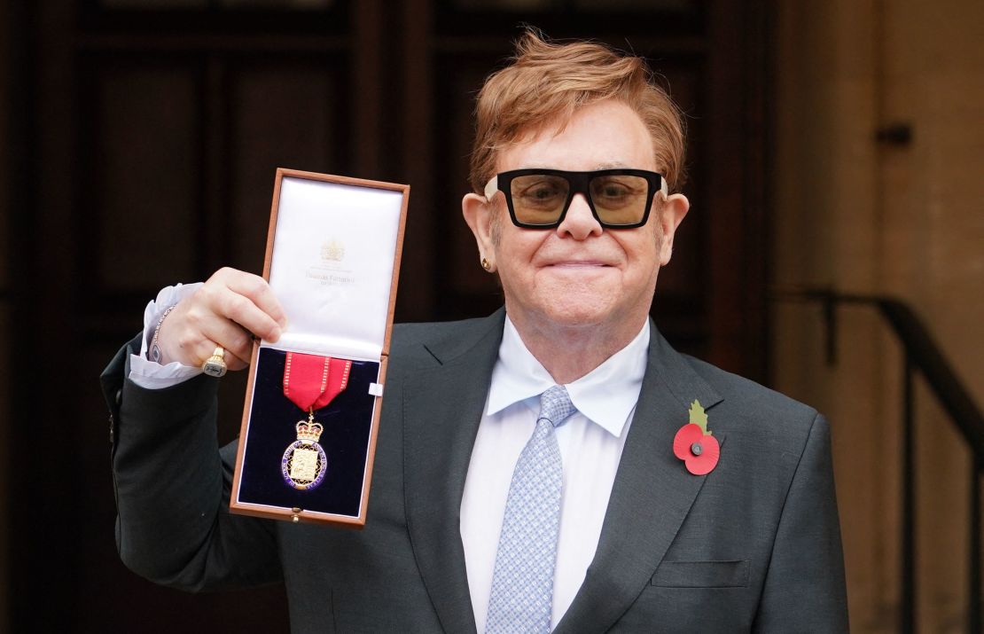 Elton John pictured after being made a member of the Order of the Companions of Honour for services to Music and to Charity in November 2021.