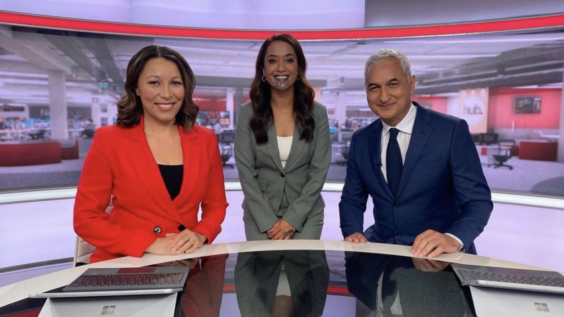 Māori news presenter Oriini Kaipara with her colleagues at Newshub.