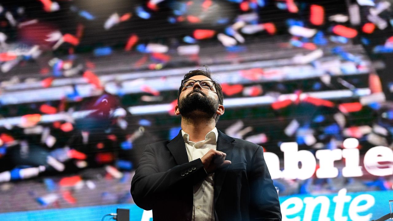 Chile's president-elect Gabriel Boric makes a public speech in Santiago, Chile, on December 19, 2021, after defeating his rival -- right-wing candidate Jose Antonio Kast -- at the polls.