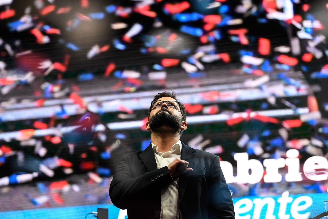 Chile's president-elect Gabriel Boric makes a public speech in Santiago, Chile, on December 19, 2021, after defeating his rival -- right-wing candidate Jose Antonio Kast -- at the polls.