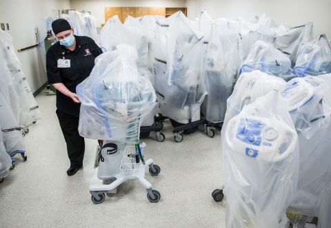 A health care worker prepares respirators for Covid-19 patients at the IU Health Ball Memorial Hospital in Muncie, Indiana, on December 28. 