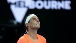 Rafael Nadal reacts during the men's singles quarterfinal match between Rafael Nadal of Spain and Stefanos Tsitsipas of Greece at Australian Open in Melbourne Park, in Melbourne, Australia, on Feb. 17, 2021. 