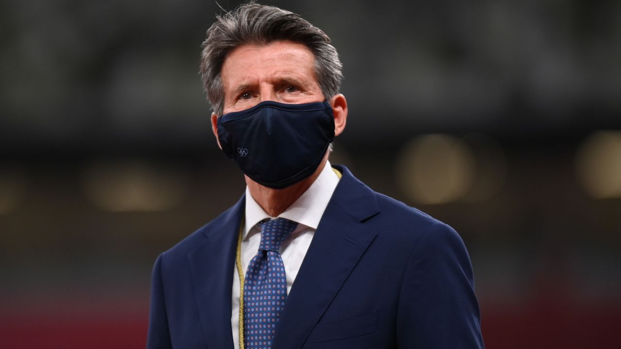 World Athletics President Sebastian Coe -- seen here at the Tokyo Games on August 7, 2021 -- spoke strongly in his statement outlining sanctions against Russia and Belarus.