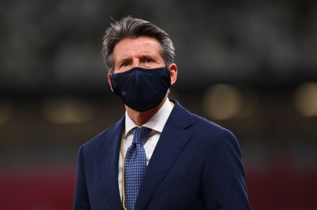 World Athletics President Sebastian Coe -- seen here at the Tokyo Games on August 7, 2021 -- spoke strongly in his statement outlining sanctions against Russia and Belarus.