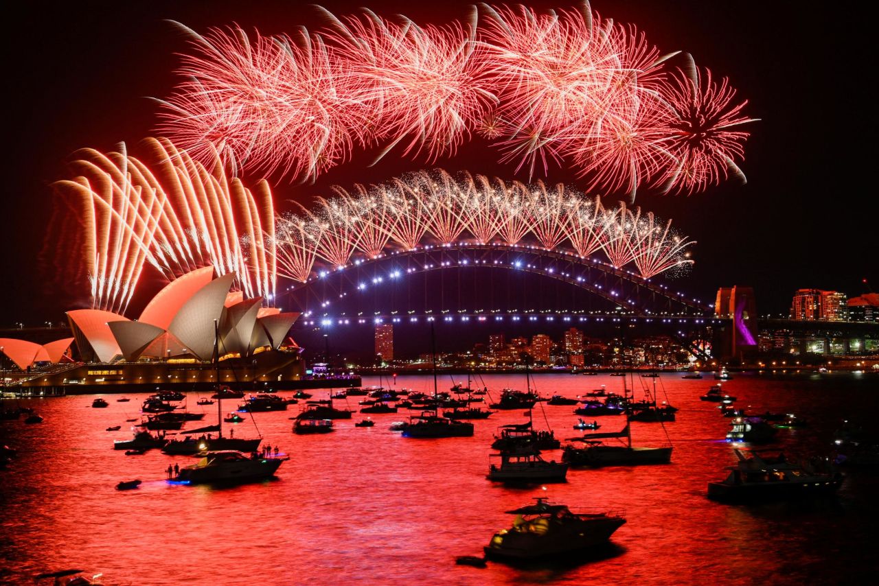 Fireworks explode over Sydney Harbour during New Year's celebrations in Australia.