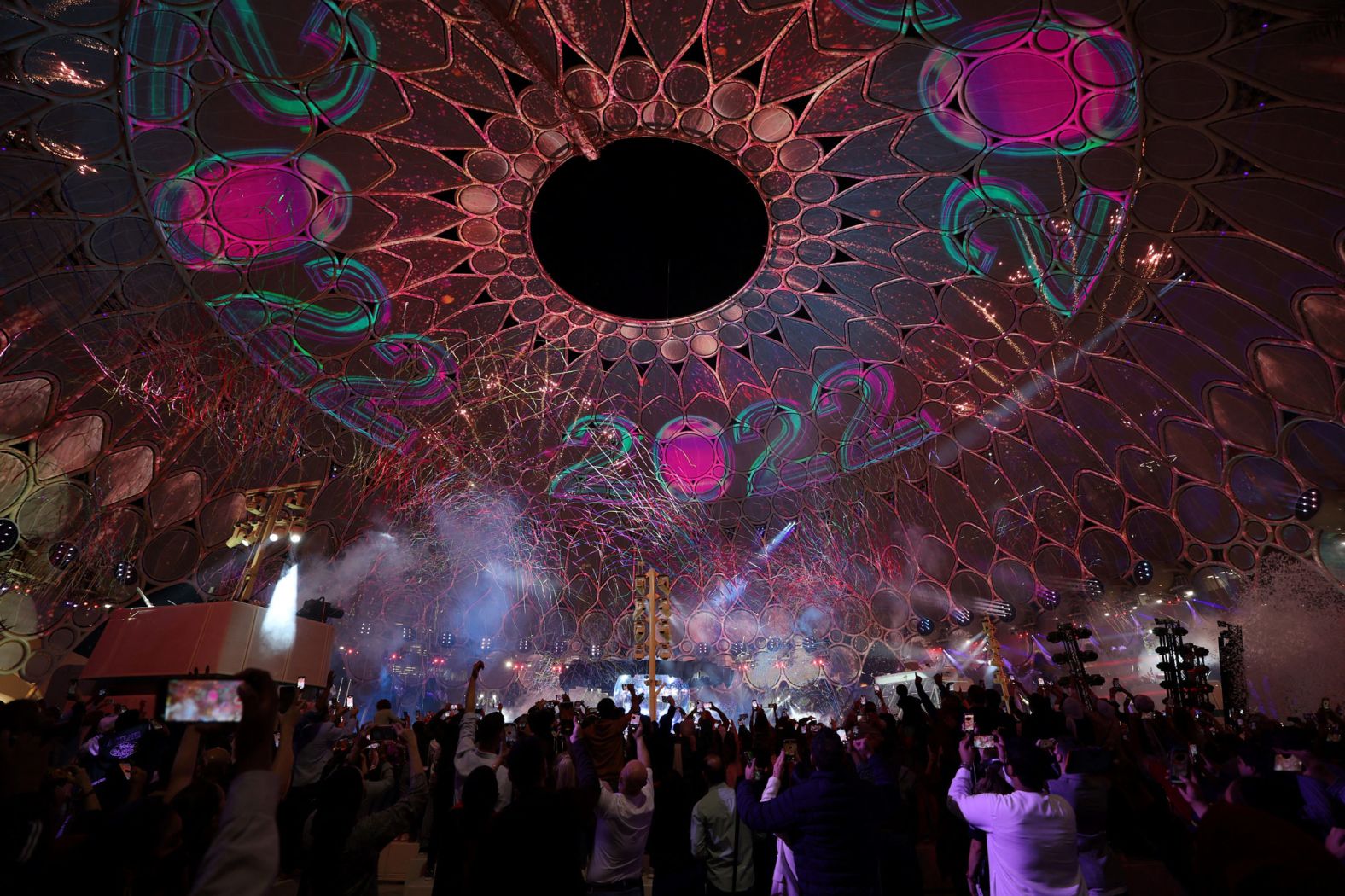 Fireworks erupt at Expo 2020 as part of the New Year's festivities in Dubai, United Arab Emirates.