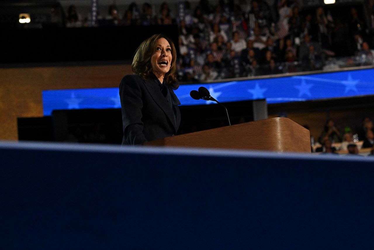 Vice President Kamala Harris speaks at the Democratic National Convention on August 22.