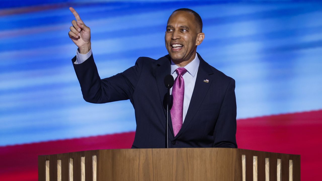 CHICAGO, ILLINOIS - AUGUST 21:  U.S. House Minority Leader Hakeem Jeffries (D-NY) speaks on stage during the third day of the Democratic National Convention at the United Center on August 21, 2024 in Chicago, Illinois. Delegates, politicians, and Democratic Party supporters are in Chicago for the convention, concluding with current Vice President Kamala Harris accepting her party's presidential nomination. The DNC takes place from August 19-22.   (Photo by Chip Somodevilla/Getty Images)