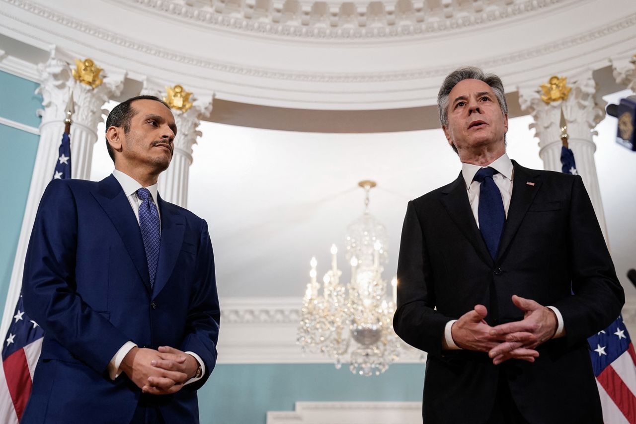 US Secretary of State Antony Blinken, right, and Qatari Prime Minister and Minister of Foreign Affairs Sheikh Mohammed bin Abdulrahman bin Jassim al-Thani speak to the press in the Treaty Room of the State Department in Washington, DC, on March 5.