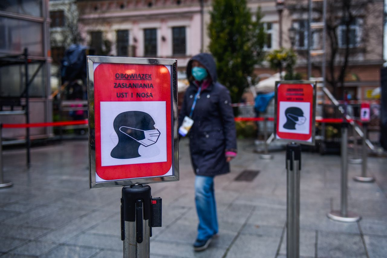 Warning signs during a concert to celebrate the 100th anniversary of the birth of the former Pope John Paul II on October 18 in Wadowice, Poland. 