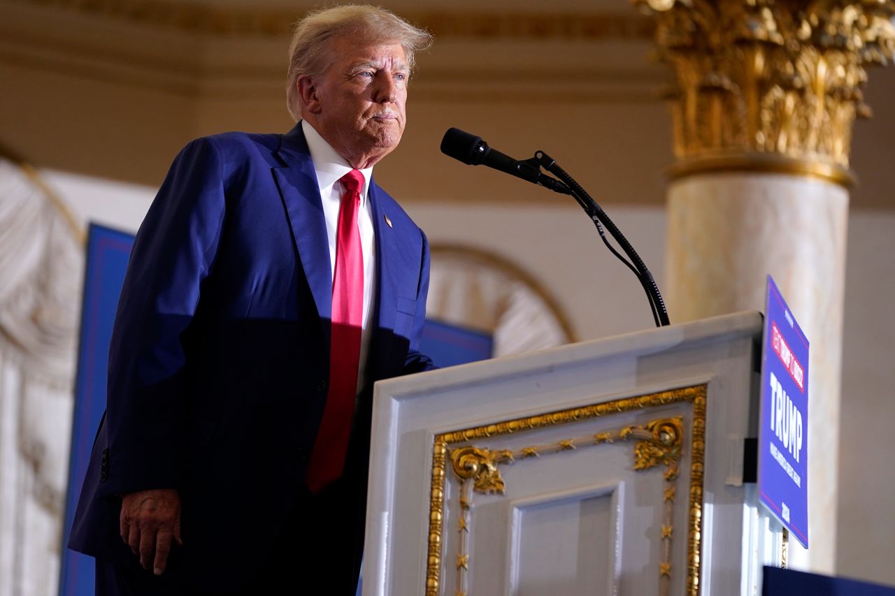 Former President Donald Trump speaks at his Mar-a-Lago estate on Tuesday.