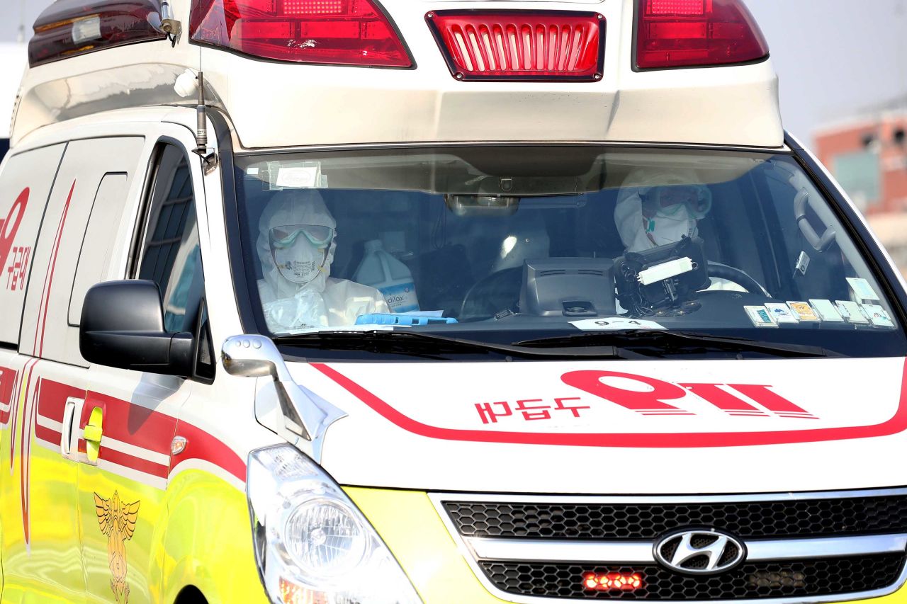 Medical vehicles carrying South Korean citizens repatriated from Wuhan, China leave Gimpo airport in Seoul, South Korea on Friday.