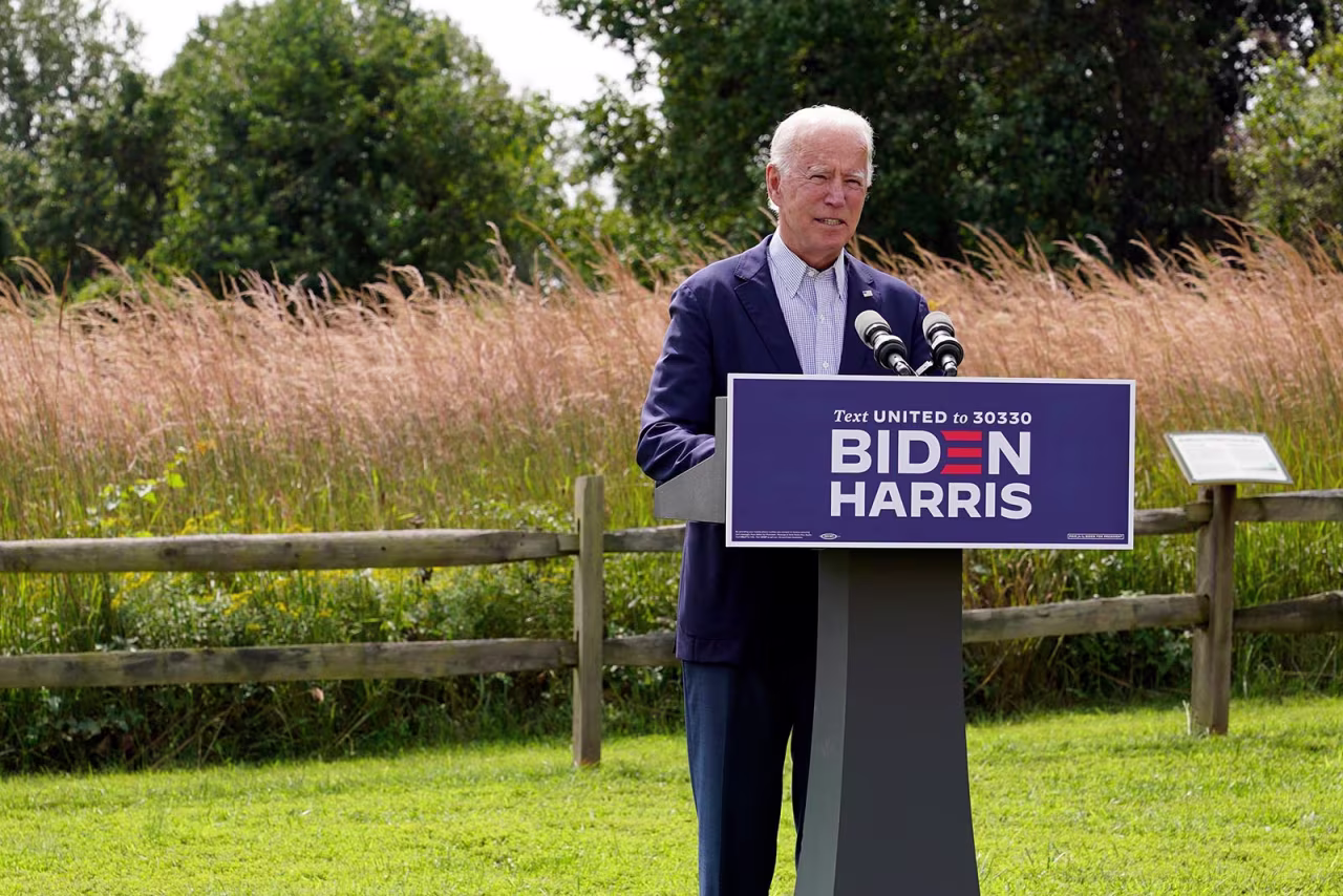 Democratic presidential nominee speaks about climate change and wildfires affecting western states on Monday in Wilmington, Delaware.