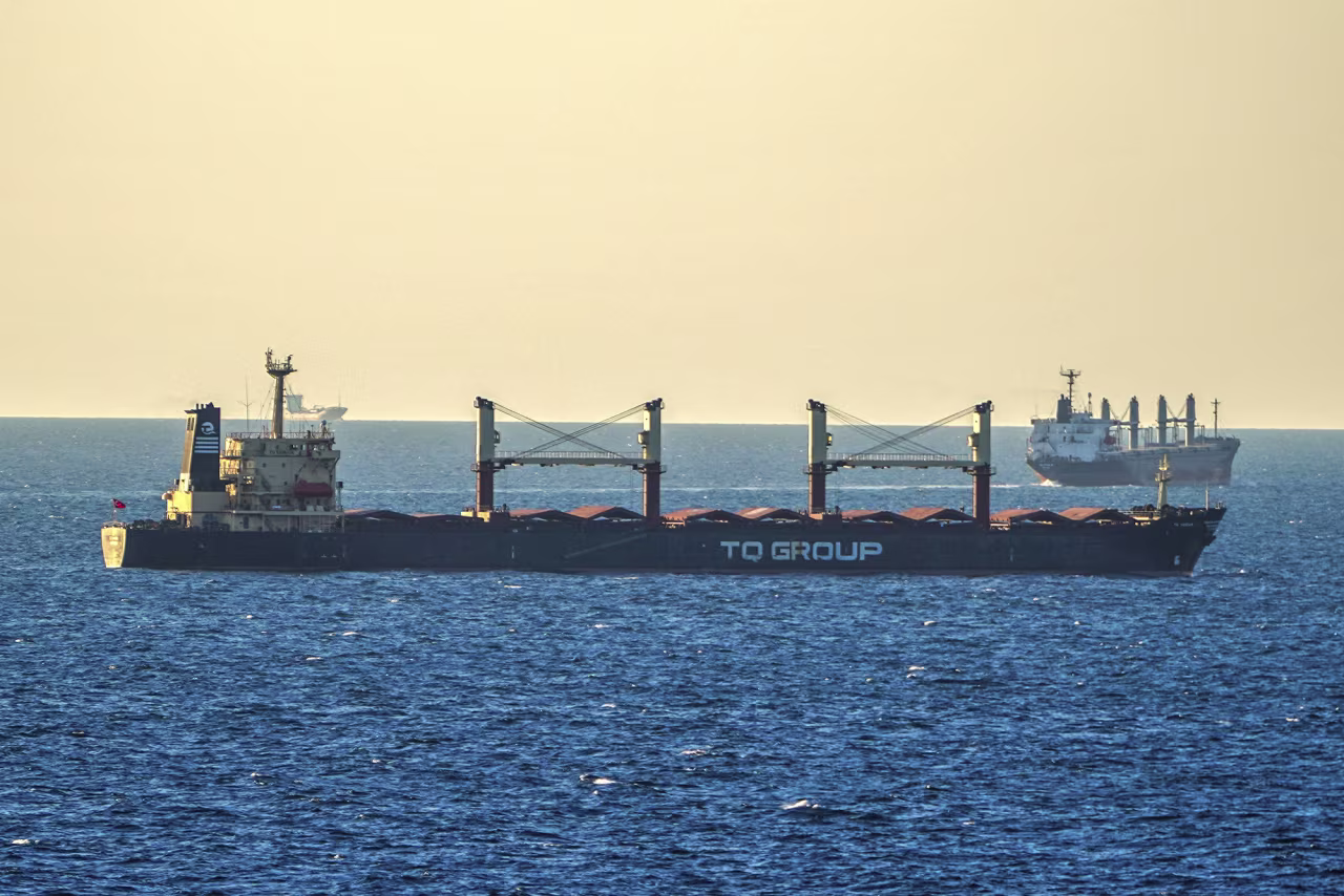 The TQ Samsun is the last grain ship to leave Ukraine under the Black Sea grain initiative. Seen here anchored in the Black Sea near the entrance of the Bosphorus Strait in Istanbul, Turkey, on July 17.