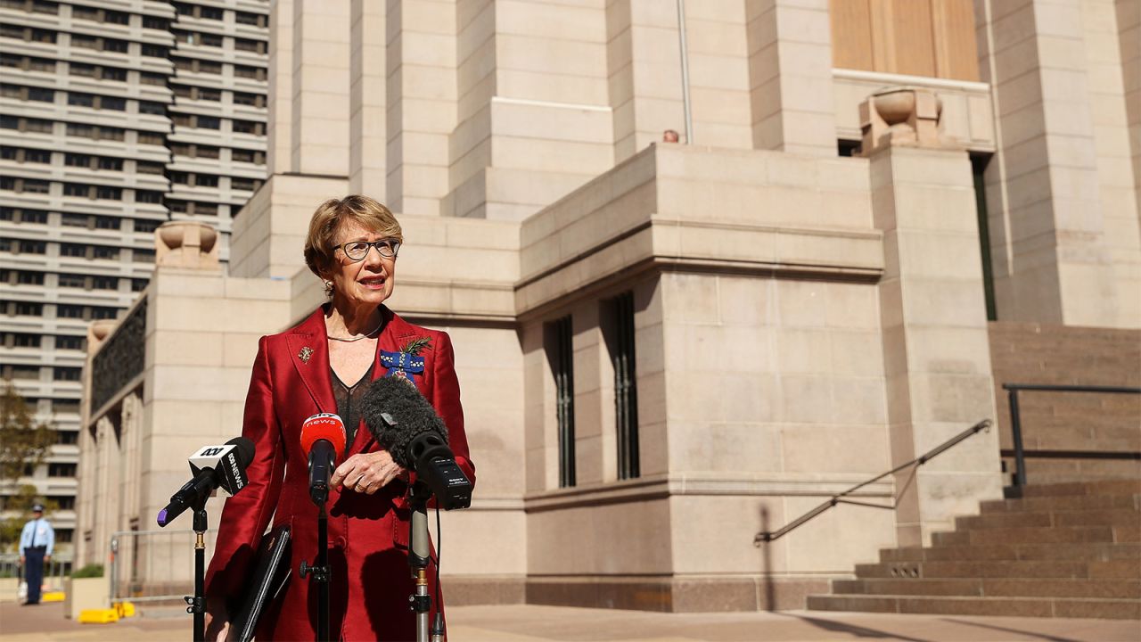 Margaret Beazley, Governor of New South Wales, speaks to the media in front of a near empty Anzac Memorial in Hyde Park in Sydney, Australia on April 25. 