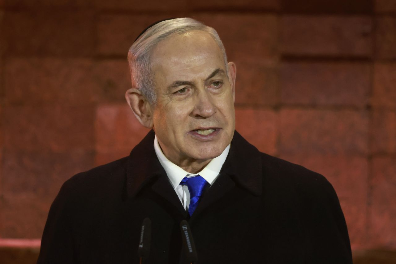 Israel's Prime Minister Benjamin Netanyahu speaks at the Yad Vashem Holocaust Memorial in Jerusalem on May 5.