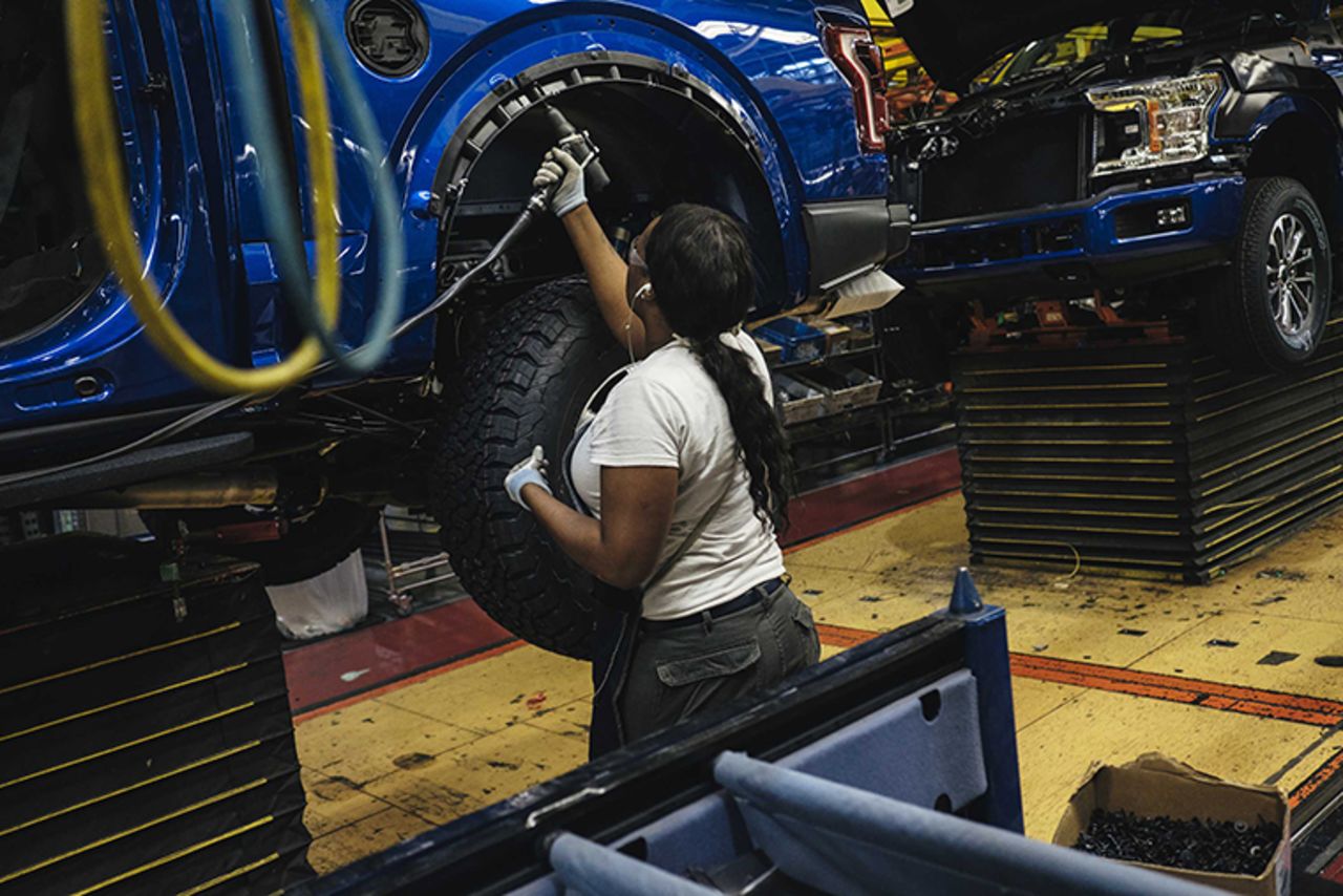 An employee works on the line at the Ford Motor Co. Dearborn Truck Plant in Dearborn, Michigan, U.S., on Thursday, Sept. 27, 2018. 