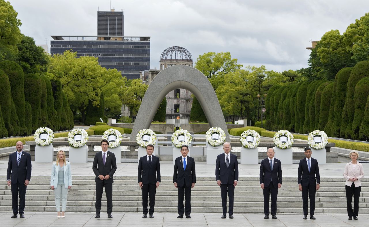 G7 leaders pose for a photo in Hiroshima on Thursday.