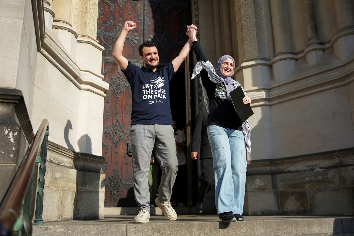 Mahmoud Khalil and his wife, Dr. Noor Abdalla, react during a rally to welcome him home in New York on Sunday, June 22. Khalil, a Palestinian activist who helped lead Columbia University’s student protest movement demanding a ceasefire in Gaza, <a  target="_top" href="/newspapers?url=https://www.cnn.com/2025/03/11/us/mahmoud-khalil-columbia-ice-green-card-hnk/index.html">was arrested and detained by federal agents</a> in March. A judge ordered Friday that <a  target="_top" href="/newspapers?url=https://www.cnn.com/2025/06/20/us/mahmoud-khalil-ordered-released-by-judge">he be released from a Louisiana ICE detention center</a>. Khalil is a lawful permanent resident who has not been charged with a crime.