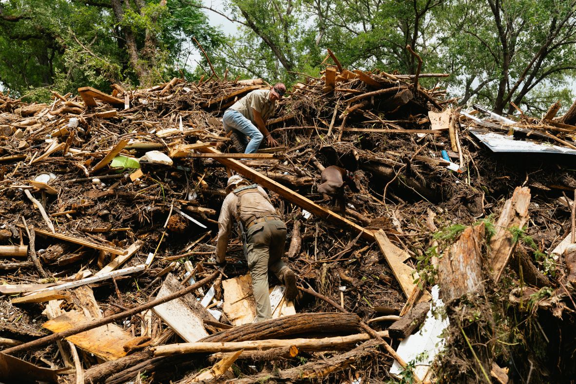 Authorities search for flood victims near the Blue Oak RV park in Kerrville, Texas, on Sunday, July 6.