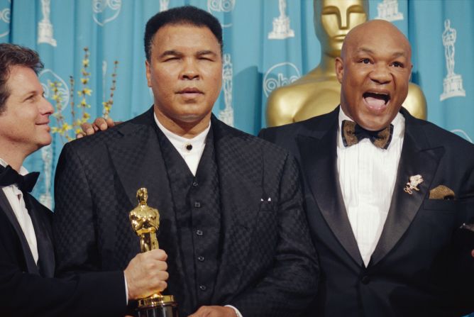 Foreman and Ali are seen backstage at the Academy Awards in 1997. The two legends were the subjects of the Oscar-winning documentary “When We Were Kings,” which was produced by David Sonenberg, left.