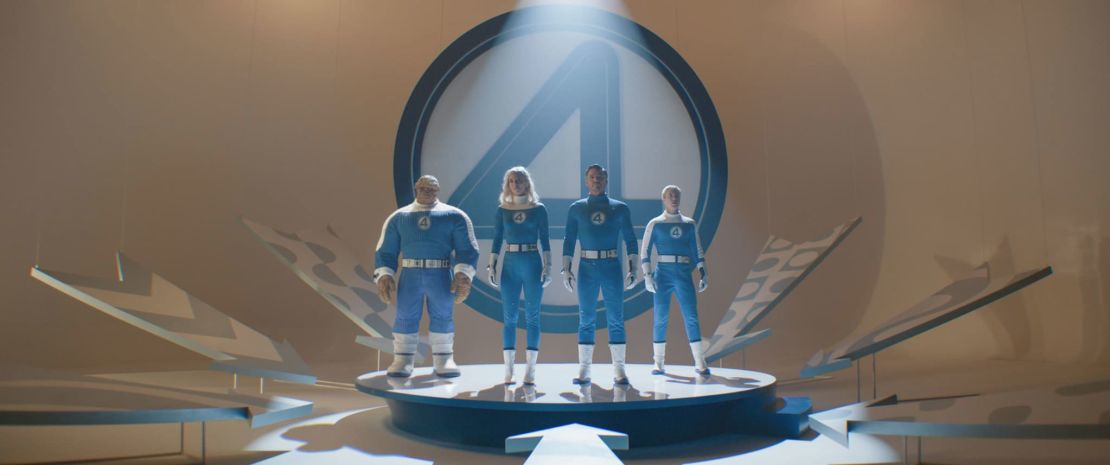 Ebon Moss-Bachrach, Vanessa Kirby, Pedro Pascal and Joseph Quinn in “The Fantastic Four: First Steps.