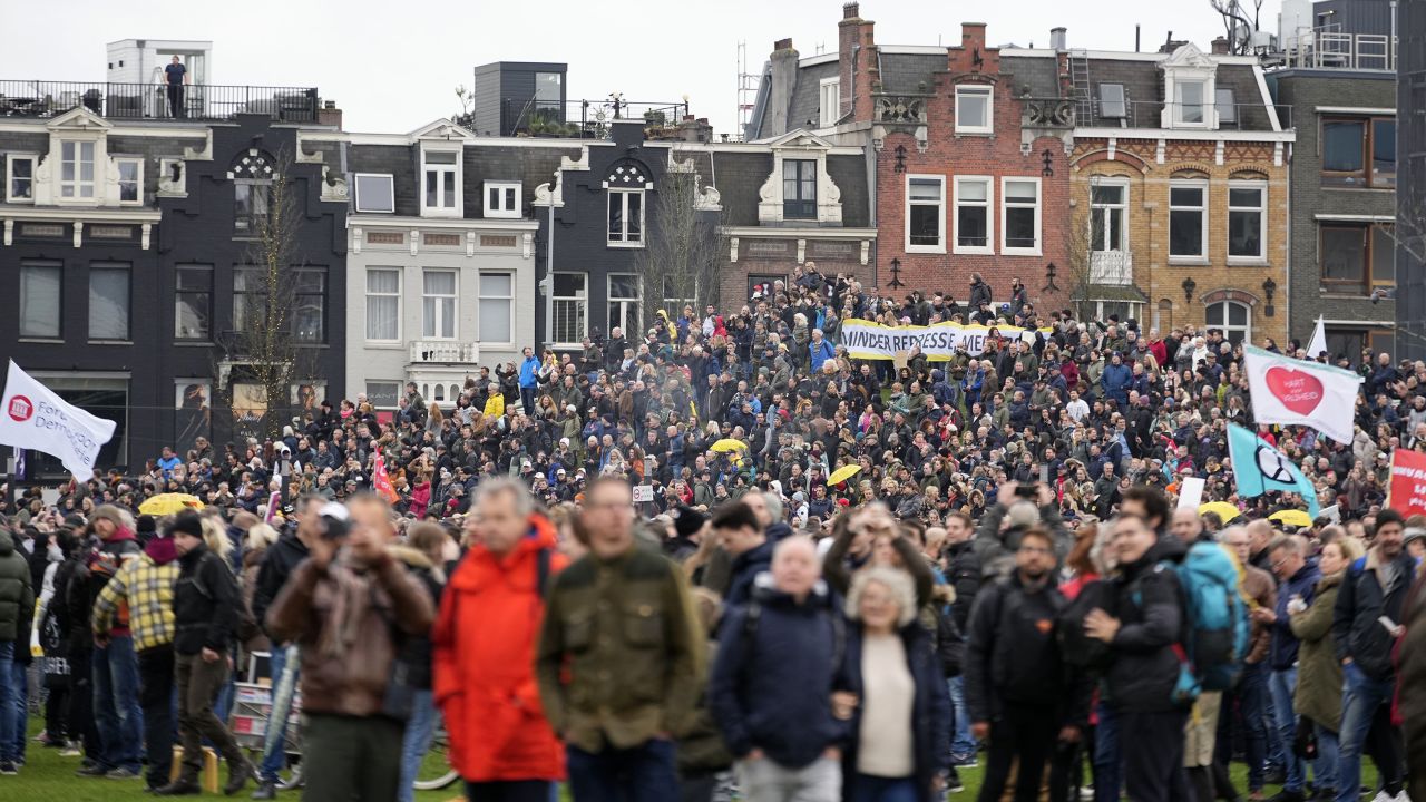 Thousands of protestors assembled in the Dutch capital, breaking social distancing rules to curb the spread of Covid-19. 
