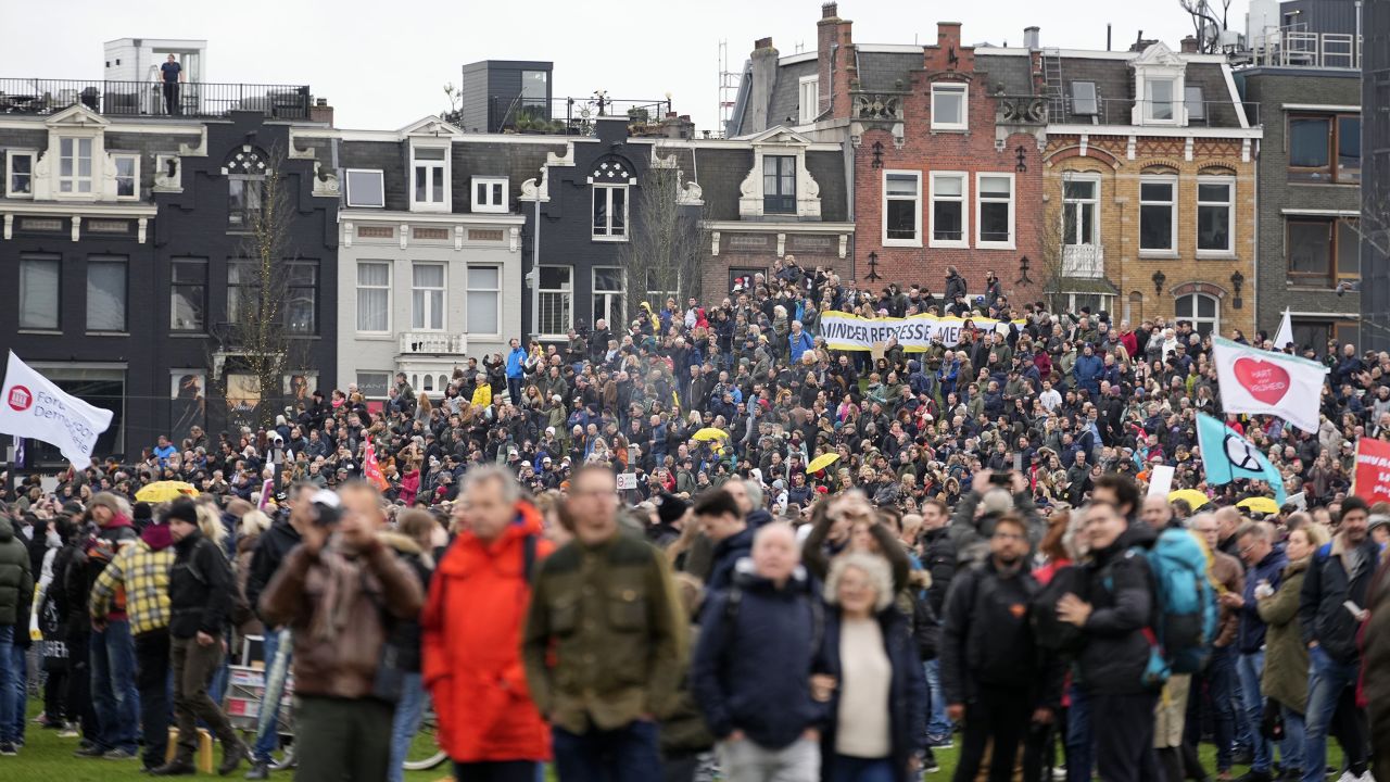 Thousands of protestors assembled in the Dutch capital, breaking social distancing rules to curb the spread of Covid-19.
