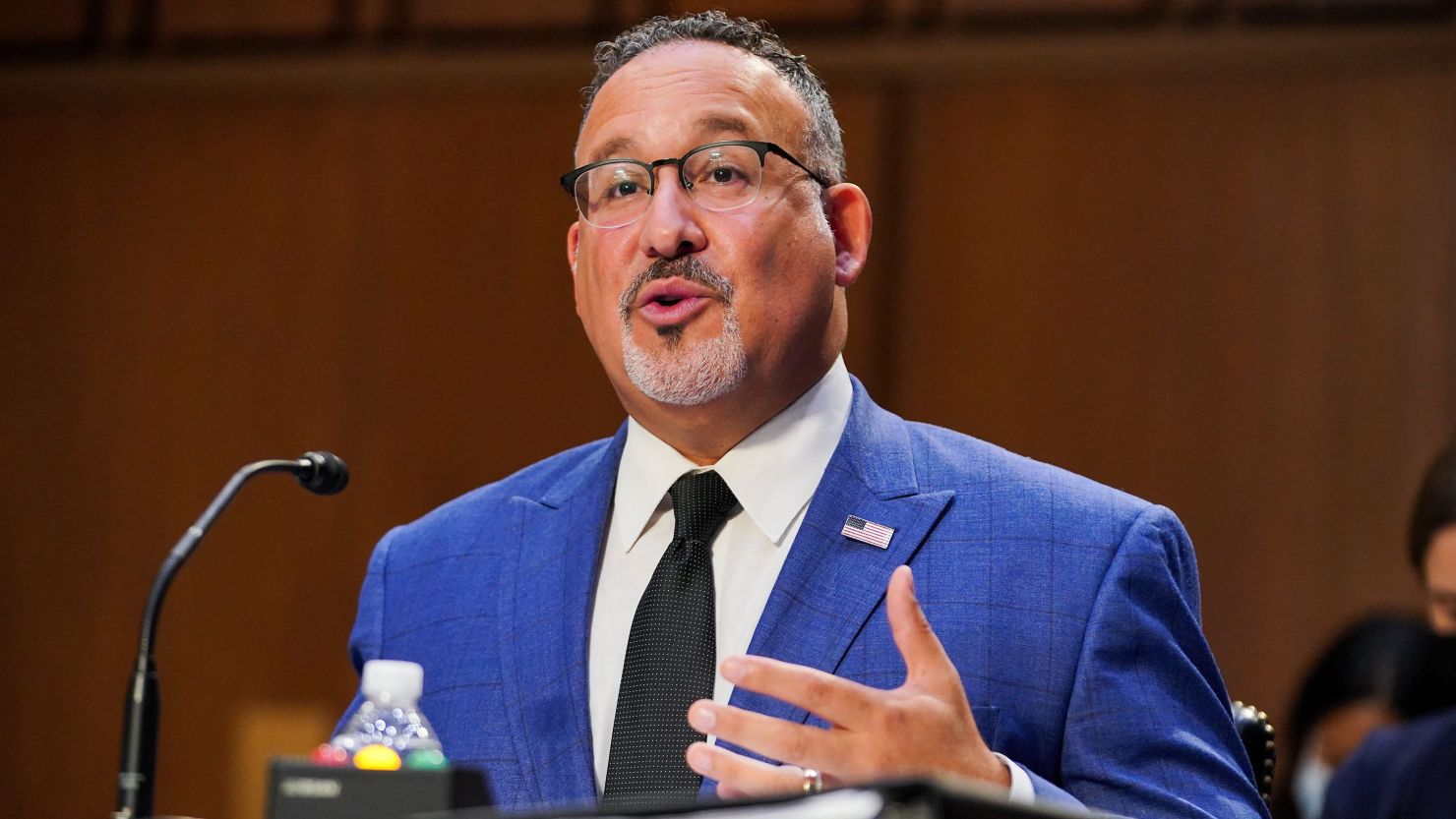 US Education Secretary Miguel Cardona testifies before the Senate Health, Education, Labor, and Pensions hearings to examine school reopening during Covid-19, focusing on supporting students, educators, and families, on Capitol Hill in Washington, DC, September 30, 2021. 