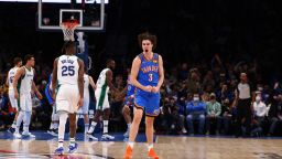 Josh Giddey #3 of the Oklahoma City Thunder celebrates during the game against the Dallas Mavericks on January 2, 2022 at Paycom Arena in Oklahoma City, Oklahoma. 