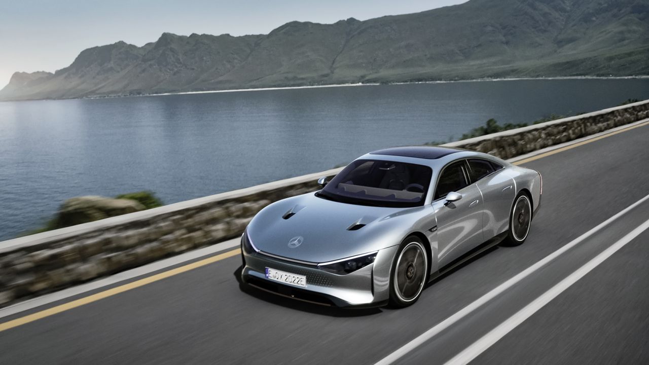 The Mercedes-Benz Vision EQXX concept car lacks the traditional grille seen on Mercedes cars today.