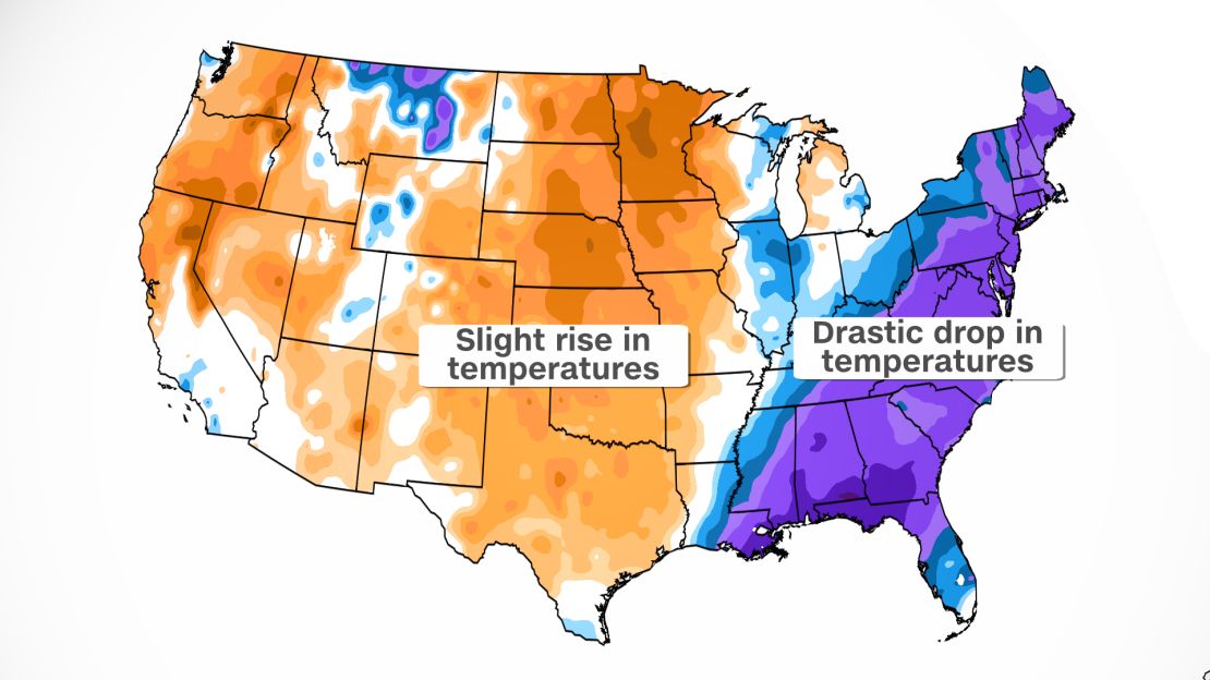 As cold air moved east, dramatic temperature drops occured across the Southeast and mid-Atlantic.