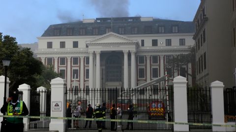 Firefighters battle the fire at South Africa's Parliament on Sunday.