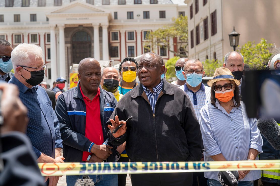 South African President Cyril Ramaphosa briefs reporters in Cape Town after visiting the scene of the fire on Sunday.