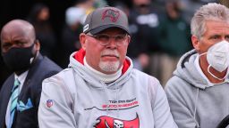 EAST RUTHERFORD, NJ - JANUARY 02:  Tampa Bay Buccaneers head coach Bruce Arians prior to the National Football League game between the New York Jets and the Tampa Bay Buccaneers on January 2, 2022 at MetLife Stadium in East Rutherford, NJ.   (Photo by Rich Graessle/Icon Sportswire via Getty Images)