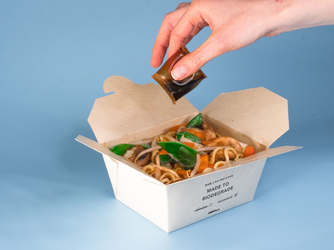The Ooho can replace condiment packets and other single-serve liquids, while the seaweed-lined takeaway boxes are fully biodegradable.