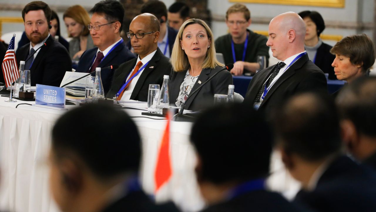 US Under Secretary of State Andrea Thompson, center, speaks during a Treaty on the Non-Proliferation of Nuclear Weapons (NPT) conference in Beijing January 30, 2019.