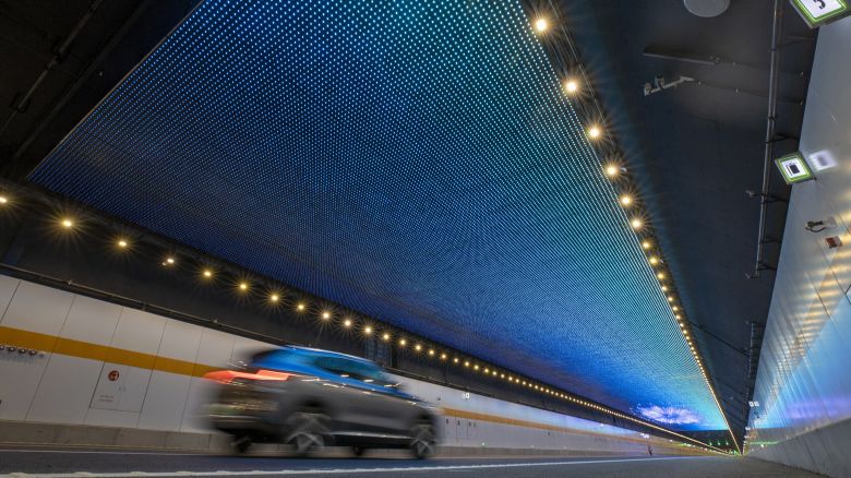 A view of the LED ceiling installed in the 10.8-kilometer expressway tunnel under Taihu Lake to ease the drivers' fatigue in Wuxi in east China's Jiangsu province Wednesday, Dec. 29, 2021.  (FeatureChina via AP Images)