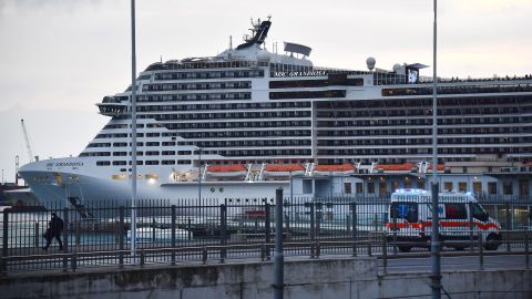 A view of the MSC Grandiosa cruise ship where passengers on board tested positive for Covid-19, Genoa, Italy, 03 January 2022. Some 150 passengers on board the MSC Grandiosa cruise ship, that was carrying about a thousand people and coming from Marseilles, tested positive for COVID-19. Health authorities had arranged for transporting Italian patients home aboard 'protected' buses, while the foreigners will be sent to a care home in Genoa.