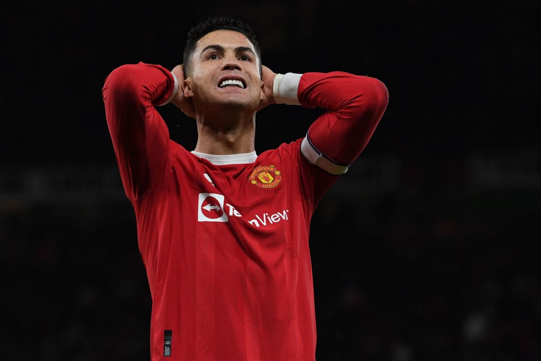 United's Cristiano Ronaldo reacts to a missed chance.
