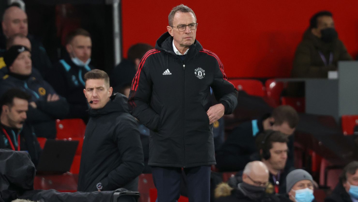 Ralf Rangnick looks on during the match against Wolverhampton Wanderers at Old Trafford on January 3, 2022.