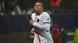Paris Saint-Germain's French forward Kylian Mbappe celebrates after scoring a goal during the French Cup round of 16 football match between Vannes OC and Paris Saint-Germain (PSG) at La Rabine Stadium in Vannes, western France, on January 3, 2022. (Photo by LOIC VENANCE / AFP) (Photo by LOIC VENANCE/AFP via Getty Images)