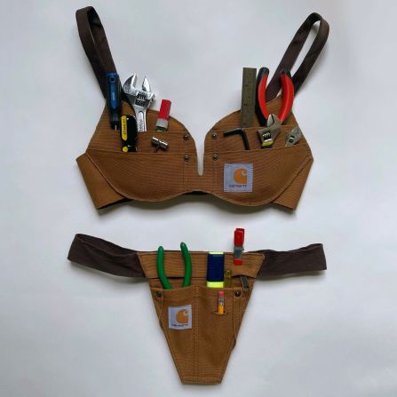 Carhartt doesn't sell a new tool bra and underwear set. Instead, this is the work of Nicole McLaughlin, a Brooklyn-based designer who makes clothes out of upcycled streetwear and everyday products.