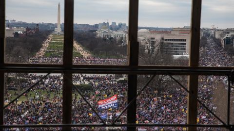 A crowd of Trump supporters as seen from inside the U.S. Capitol on January 6, 2021 in Washington, DC. 